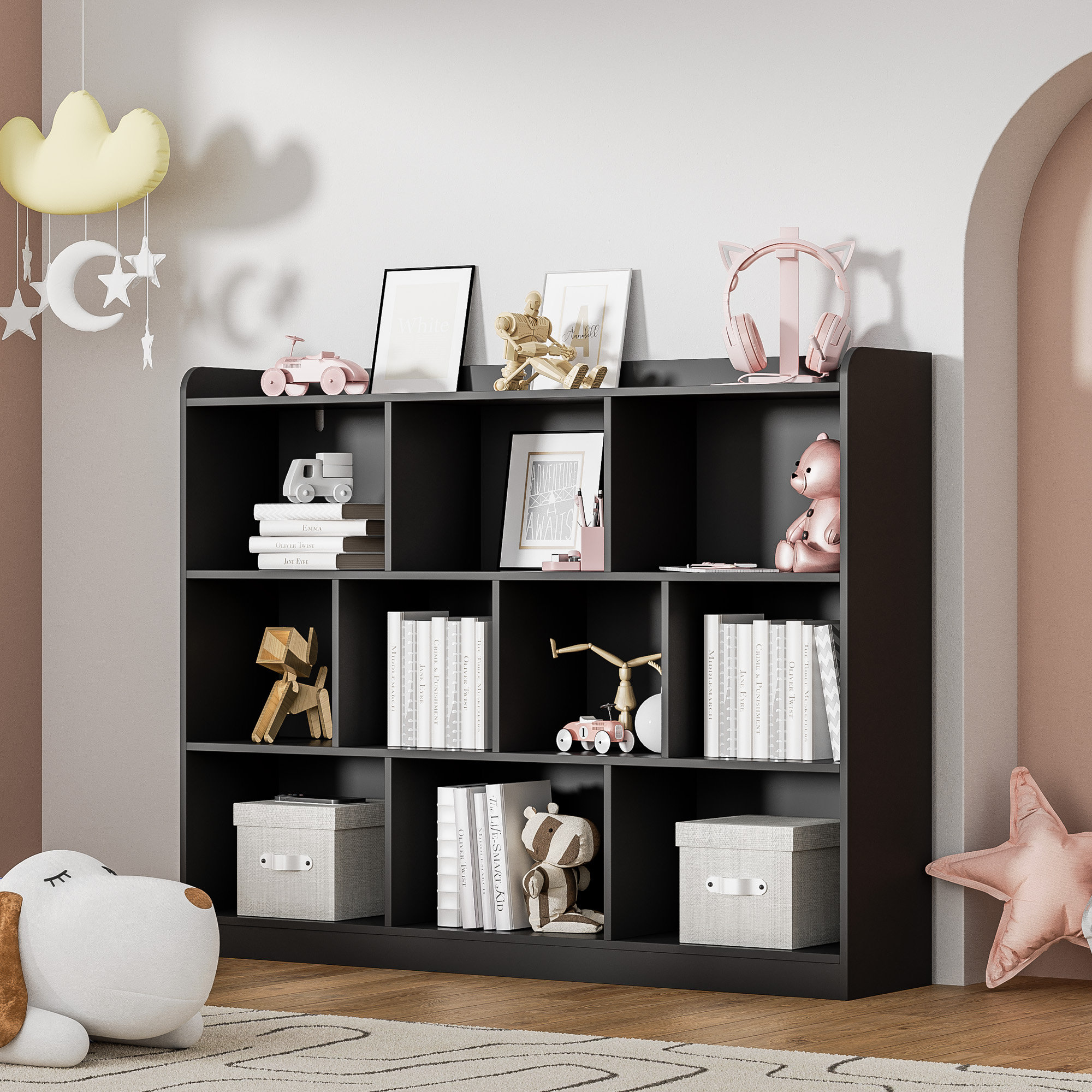 Latitude Run® White Cube Bookshelf, Wooden Bookcase With 3 Tier Open